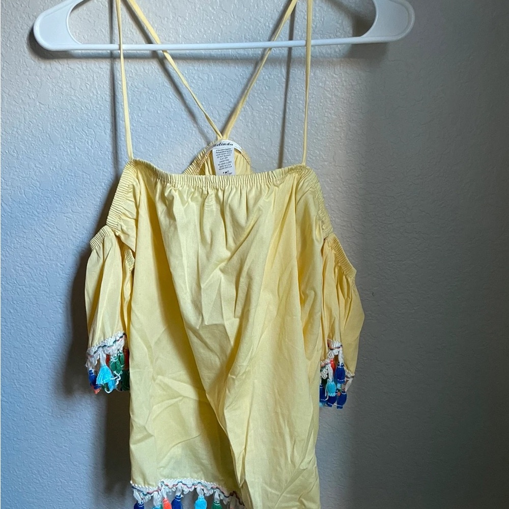 Reformation Yellow Off-Shoulder Blouse with Tassels